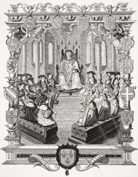 Charles de Bourbon (1490-1527) polgári pere a francia társaik előtt, 1523, Paul Lacroix „Moyen kora és reneszánsz” című művéből készült „La Monarchie Francoise of Montfaucon” metszete után